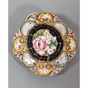 Vintage Italian Micro Mosaic Pendant Pink Rose Flower Square Brass Daisy